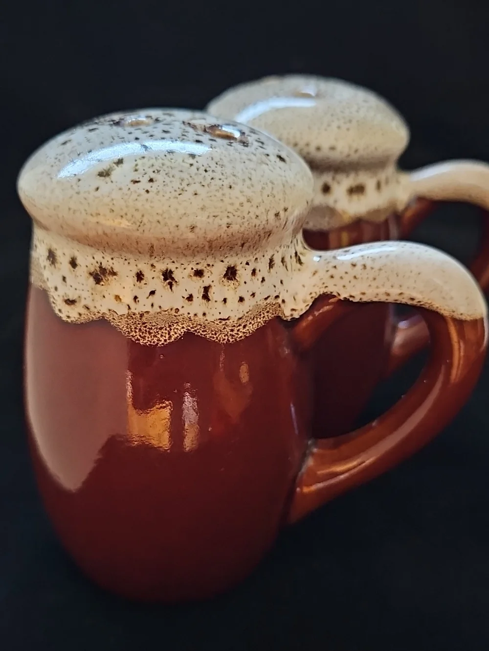 Vintage Brown And Cream Ceramic Salt / Pepper Shaker Mugs with Cream Drip Glaze